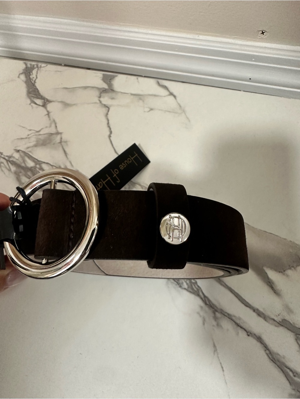 House of Harlow Suede Leather Belt Brown O Ring Silver Buckle Size L NWT - Picture 5 of 5